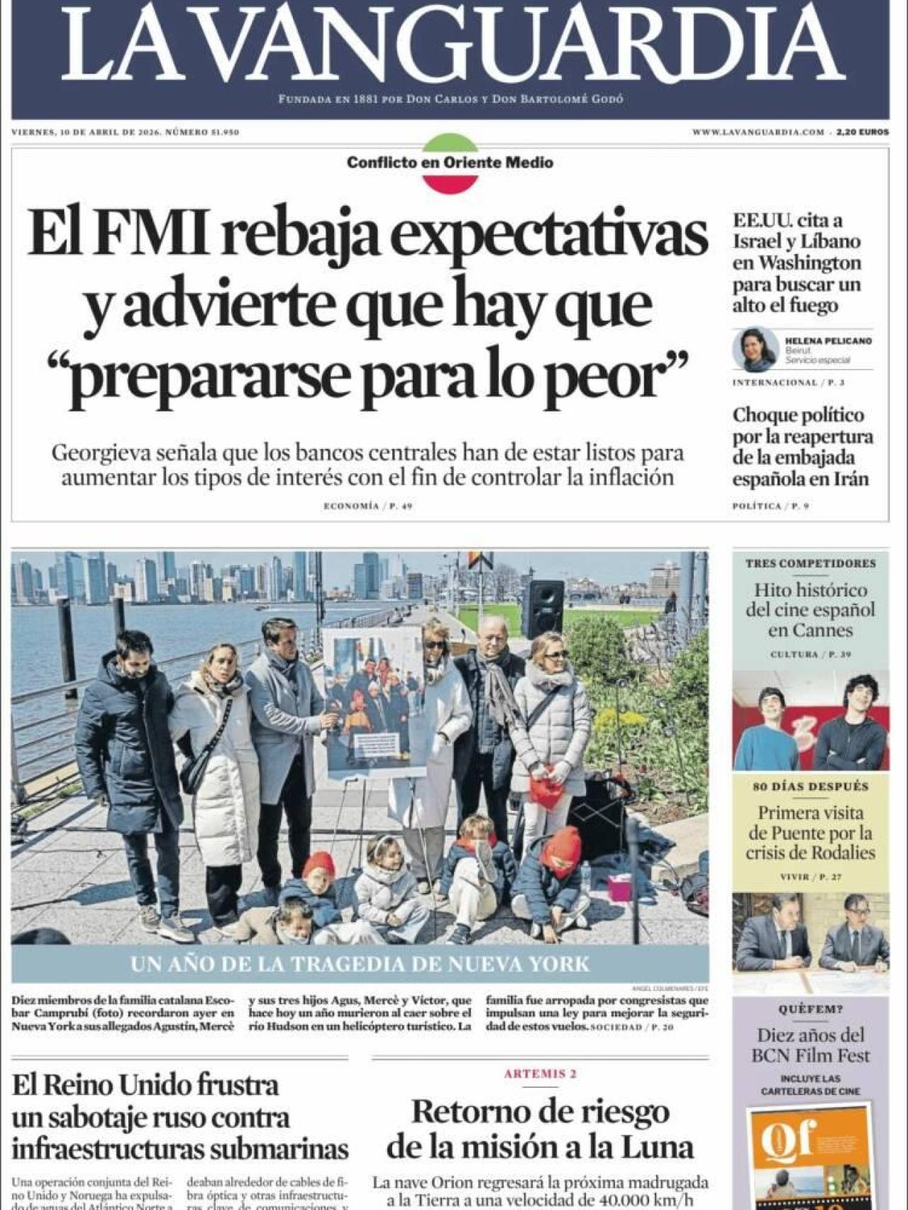 La portada de 'La Vanguardia' el 10 d'abril