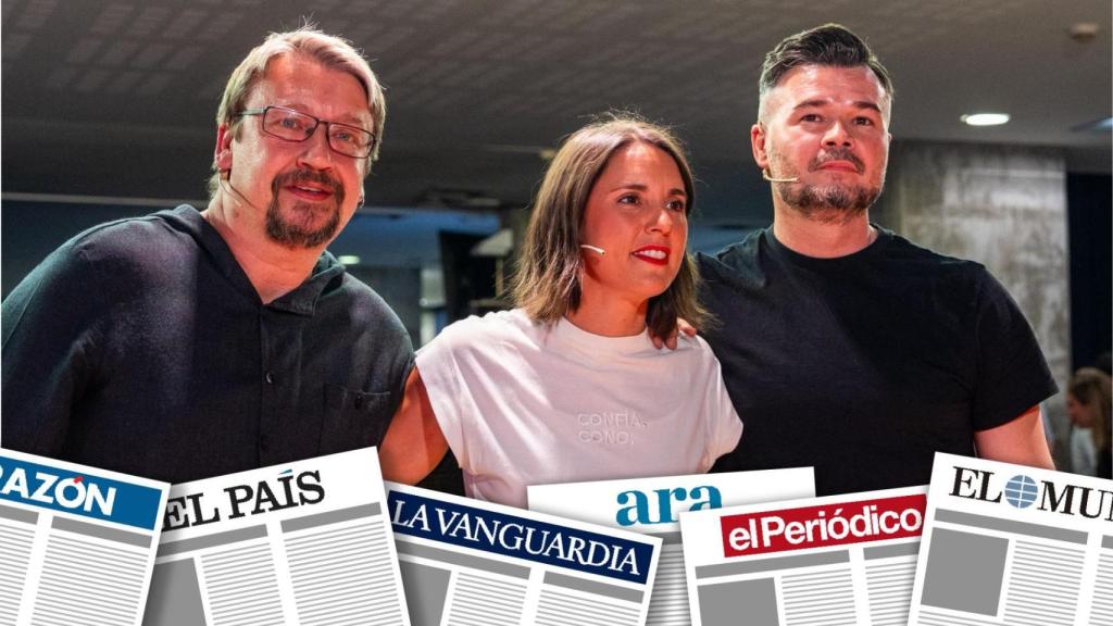 Montaje de primeras planas con Xavier Domènech, Irene Montero y Gabriel Rufián, en Barcelona