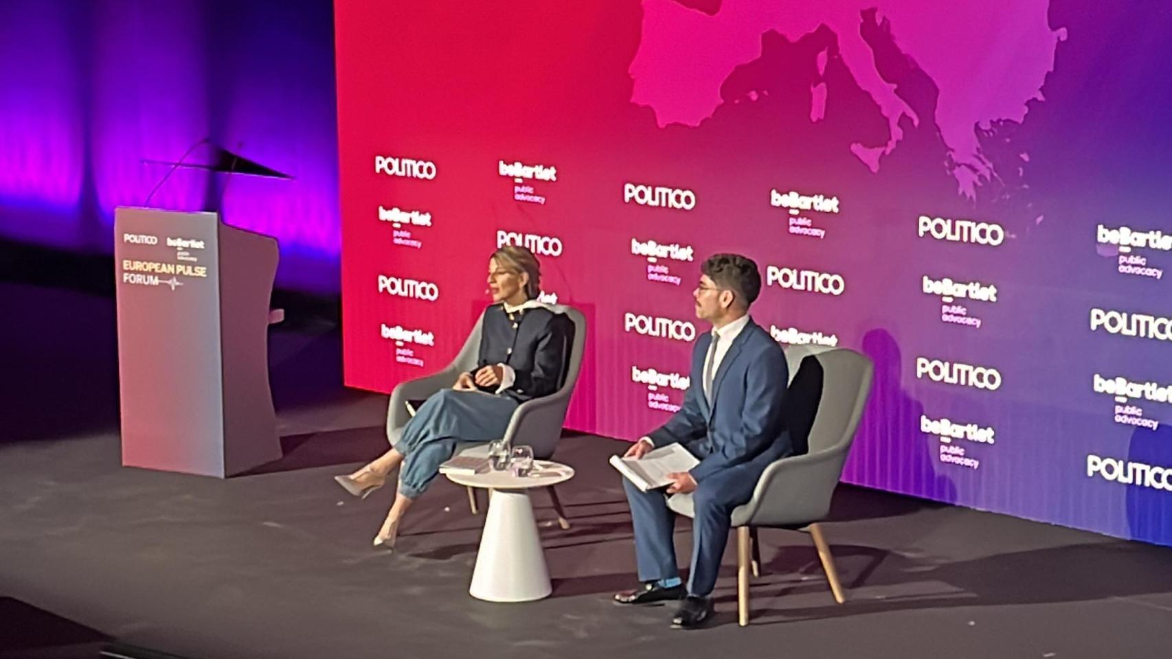 Yolanda Díaz, en el POLITICO European Pulse Forum celebrado este viernes en Barcelona