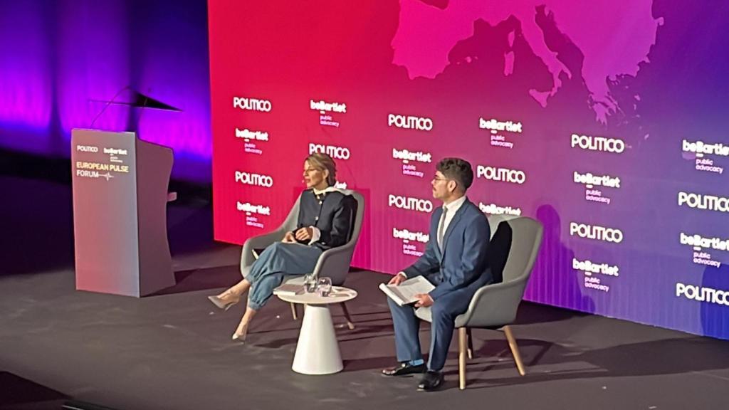 Yolanda Díaz, en el POLITICO European Pulse Forum celebrado este viernes en Barcelona