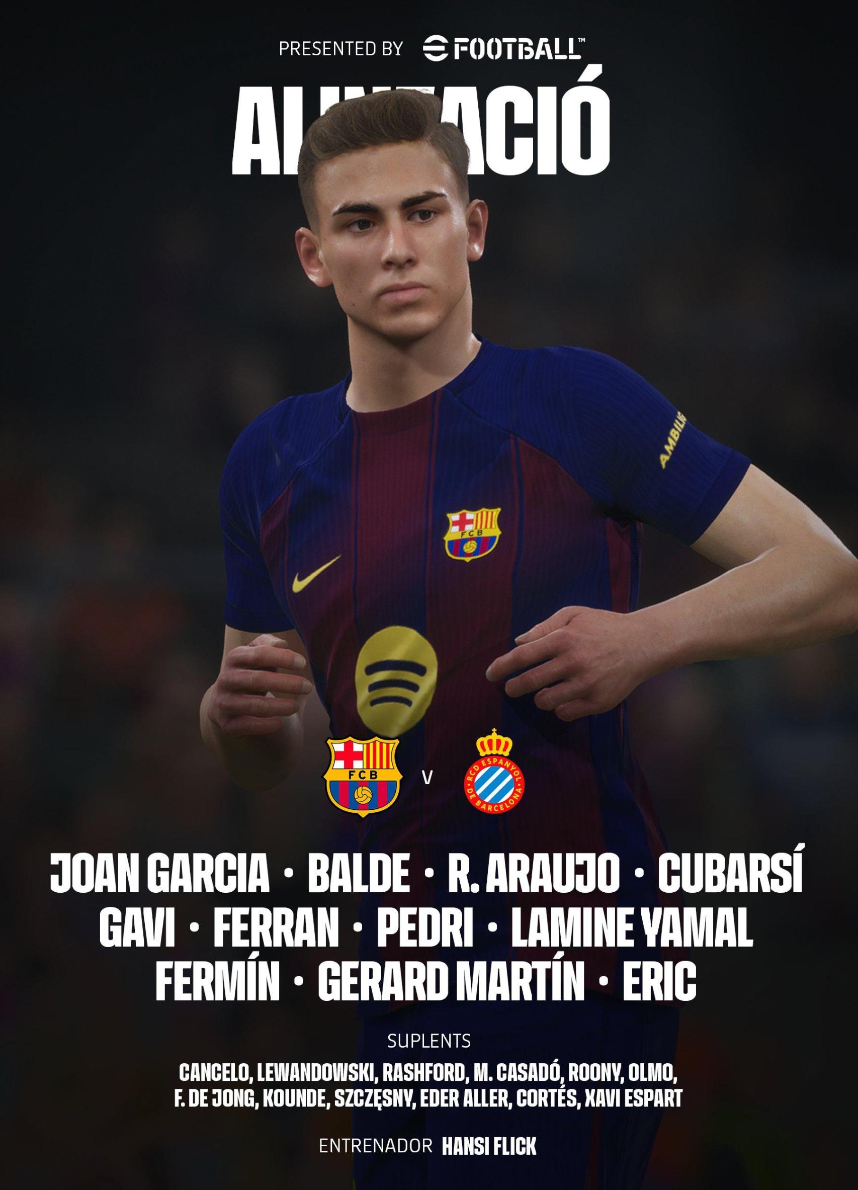 Once titular del Barça para medirse al Espanyol en el Spotify Camp Nou