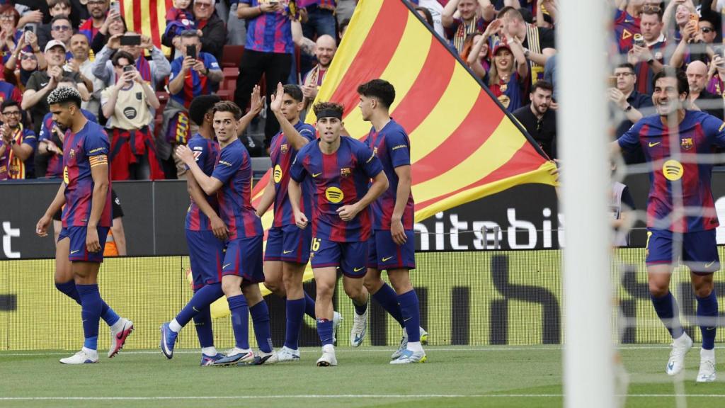 El Barça celebra un gol ante el RCD Espanyol