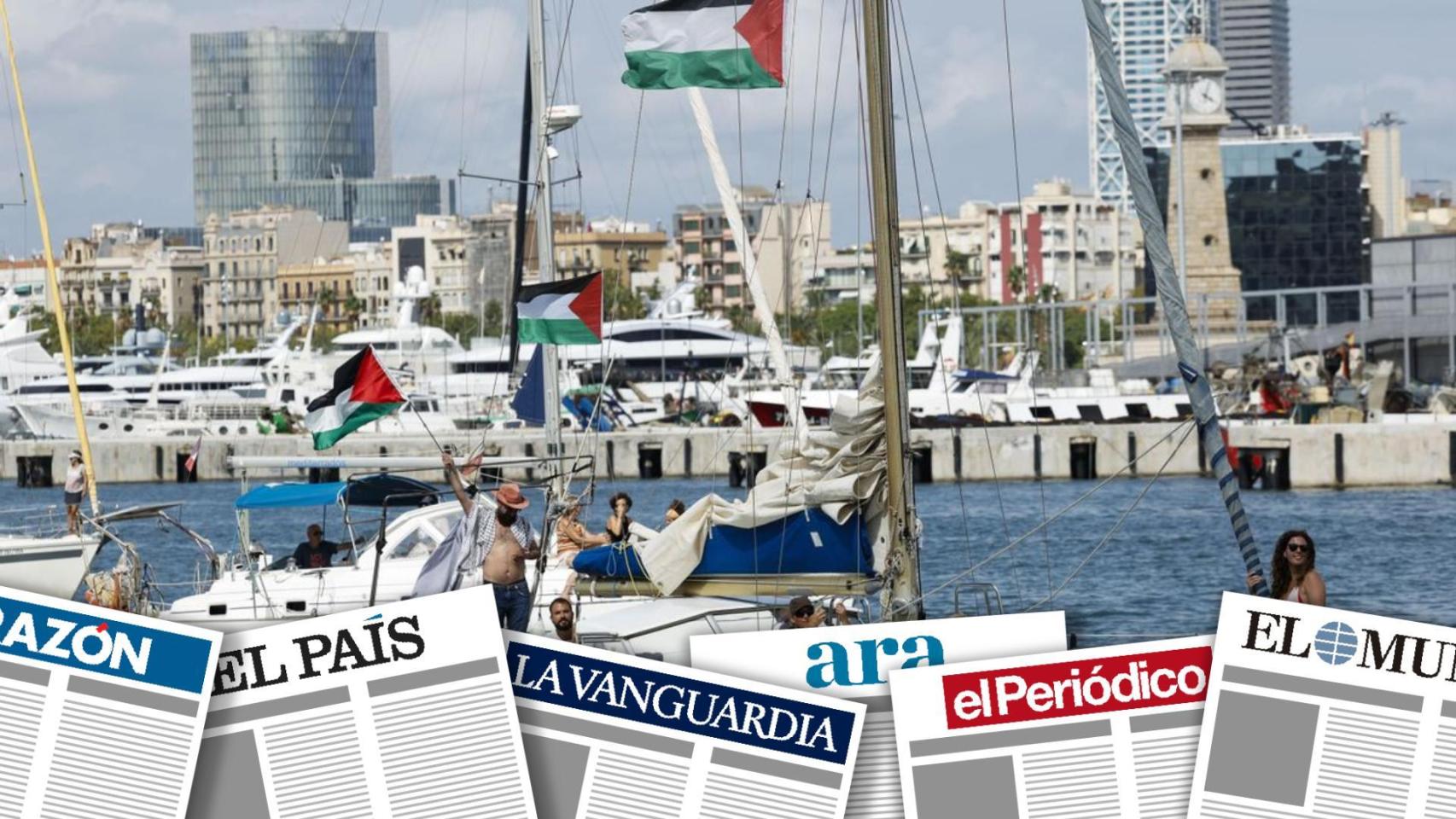 Un montaje con una imagen de la primera Global Summud Flotilla de fondo