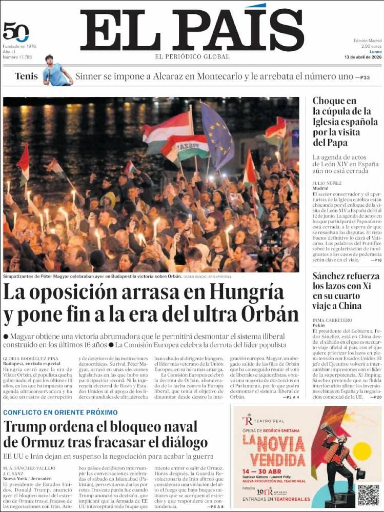 La portada d'El País el 13 d'abril