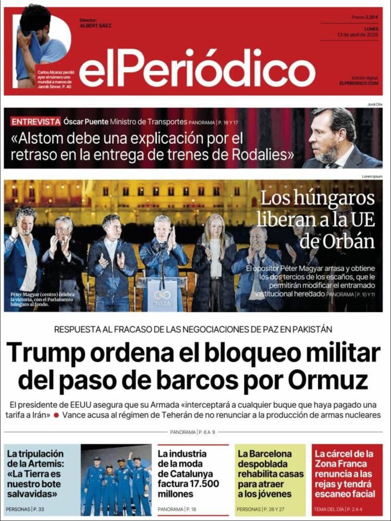La portada d'El Periódico el 13 d'abril
