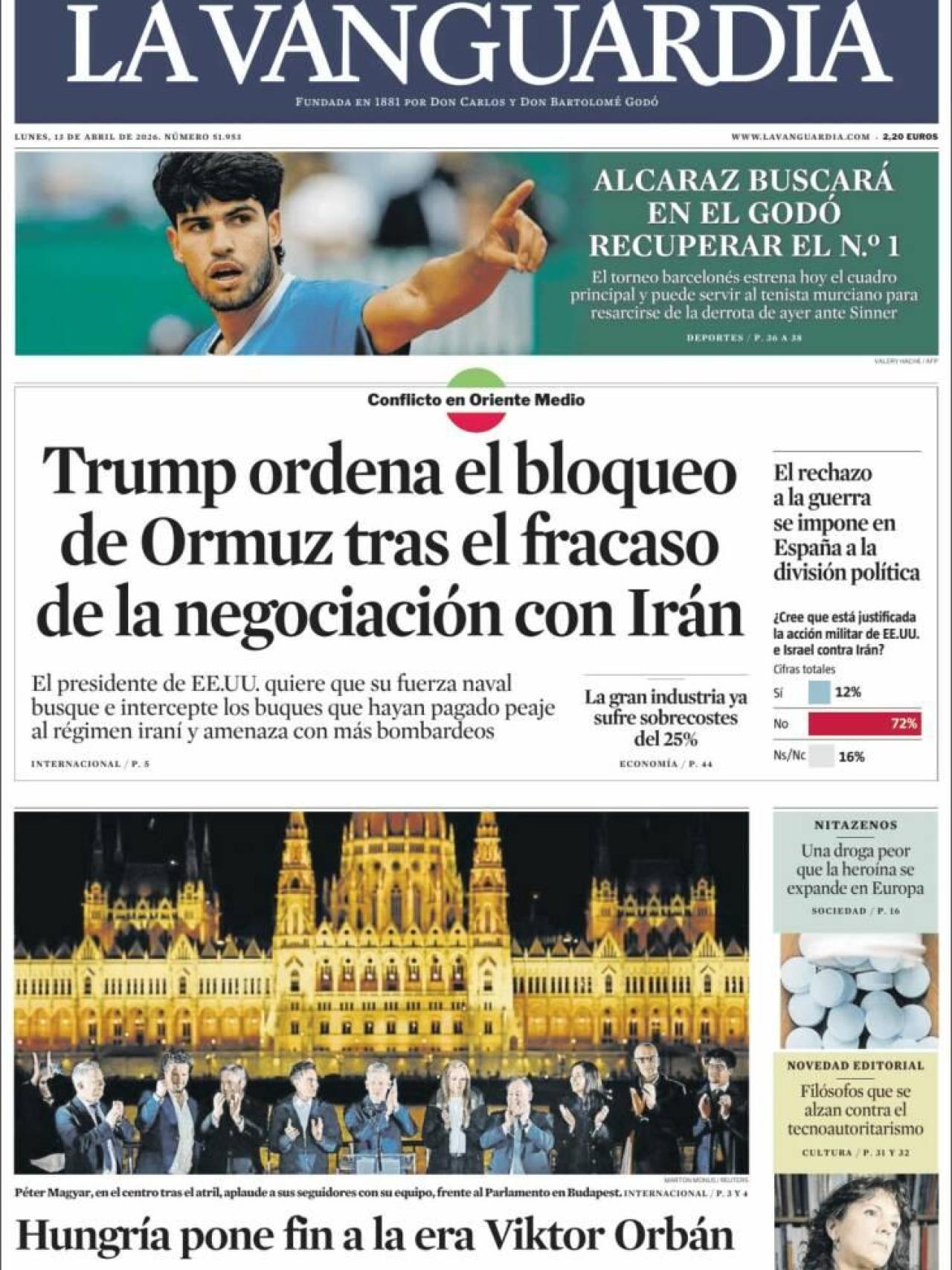 La portada de La Vanguardia el 13 d'abril