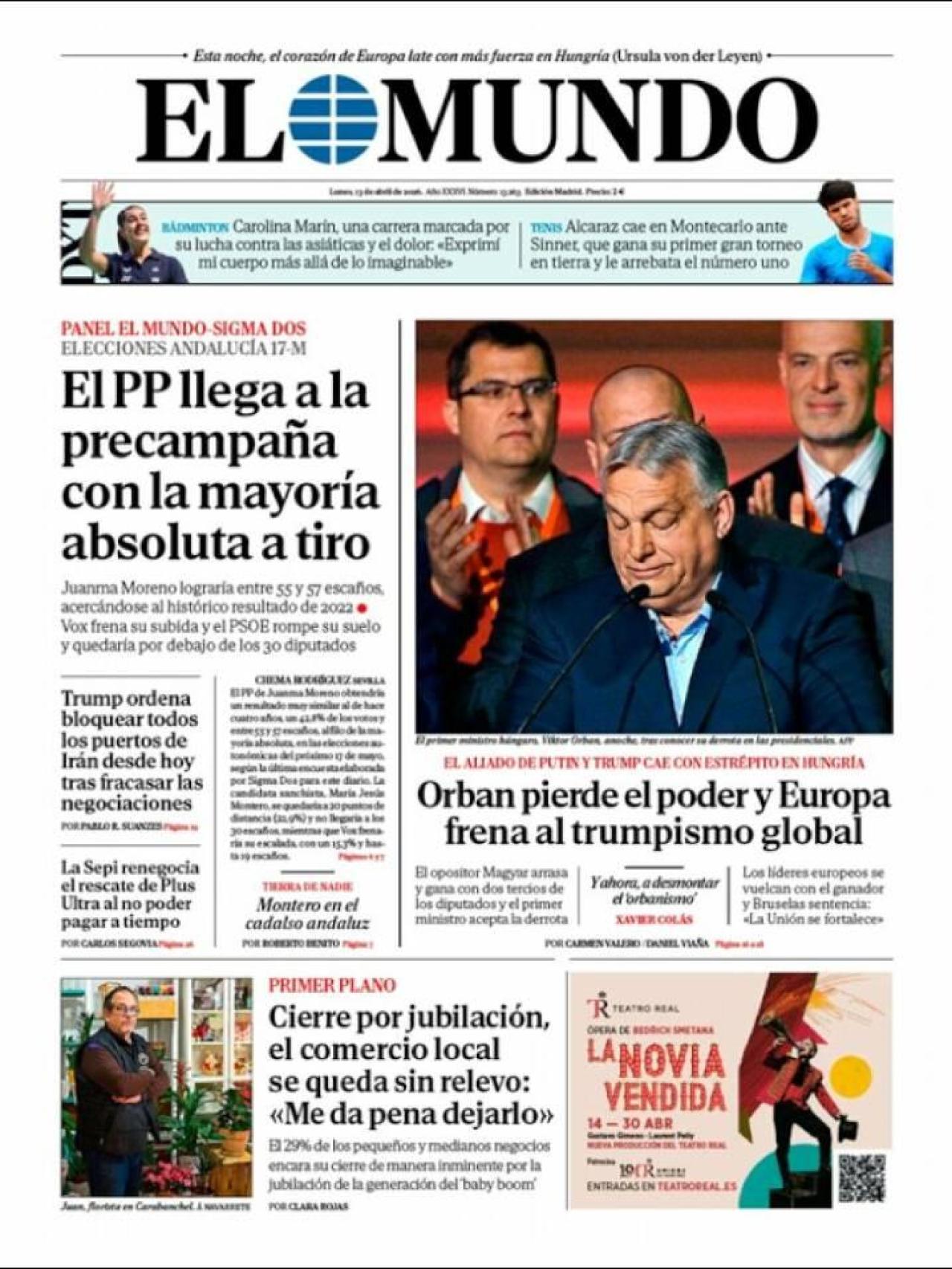 La portada d'El Mundo el 13 d'abril