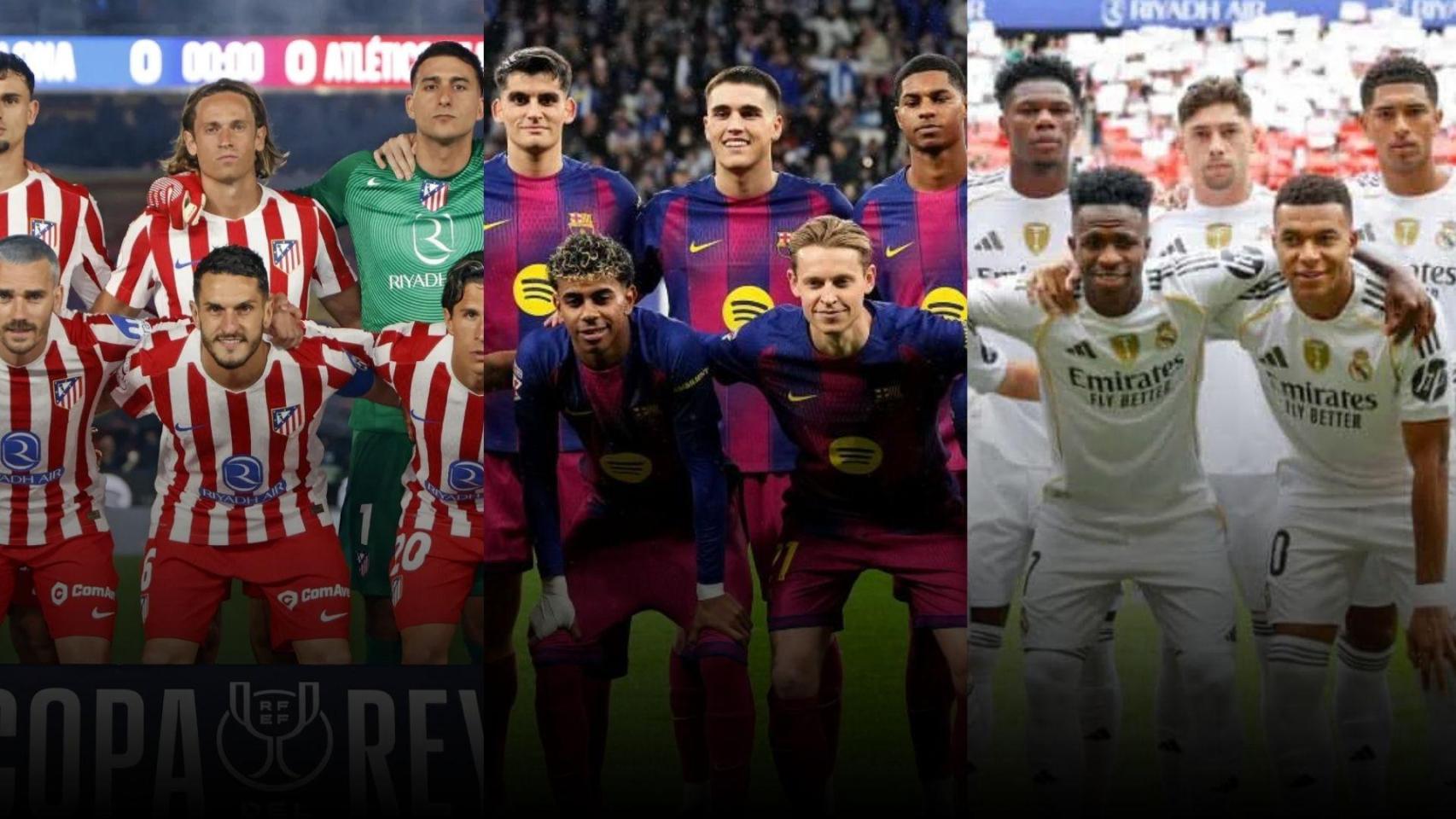 Un montaje con tres imágenes de onces del Atlético de Madrid, el Barça y el Real Madrid