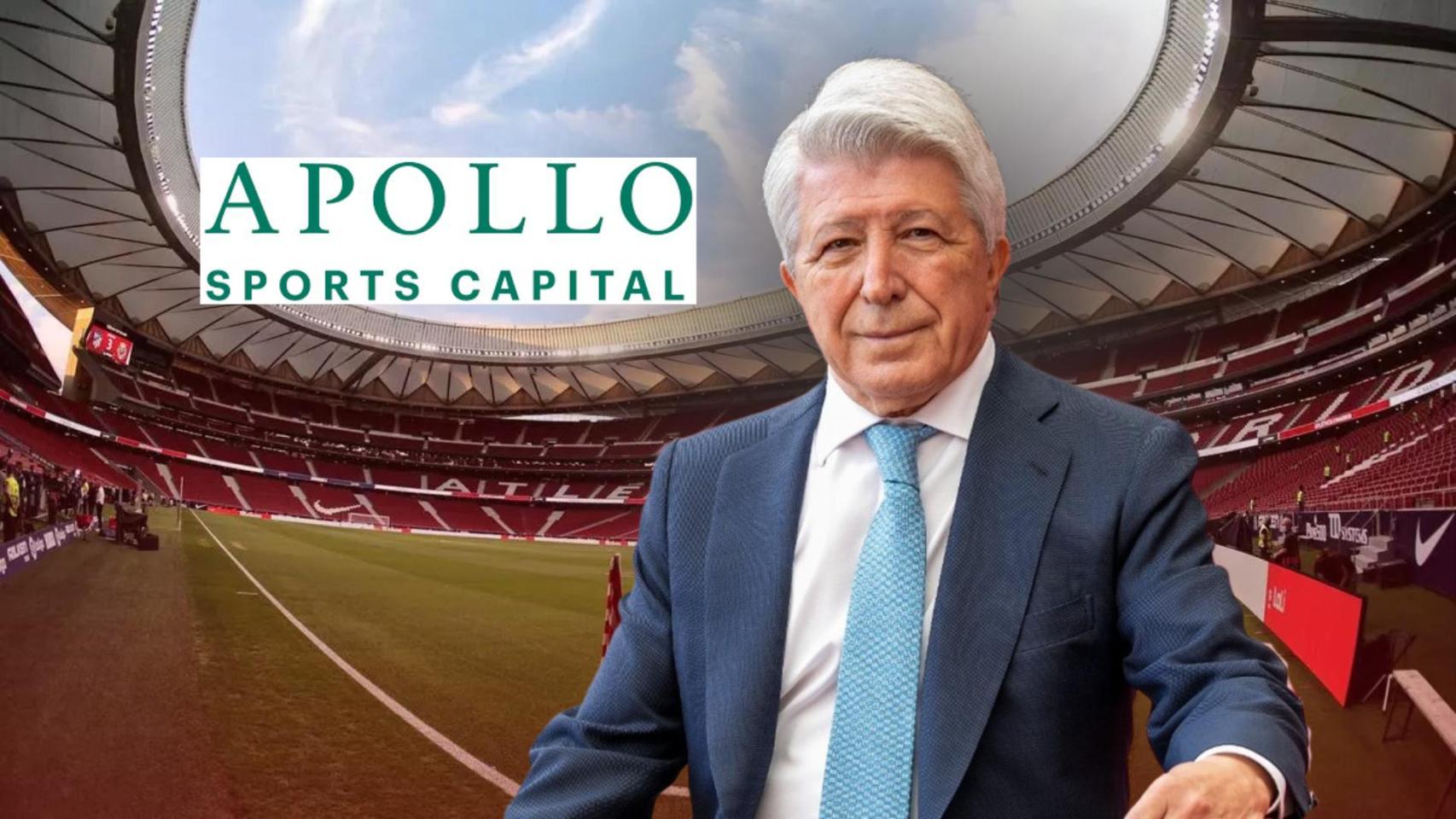 Enrique Cerezo, en un fotomontaje junto al logotipo de Apollo Sports Capital y el Wanda Metropolitano de fondo