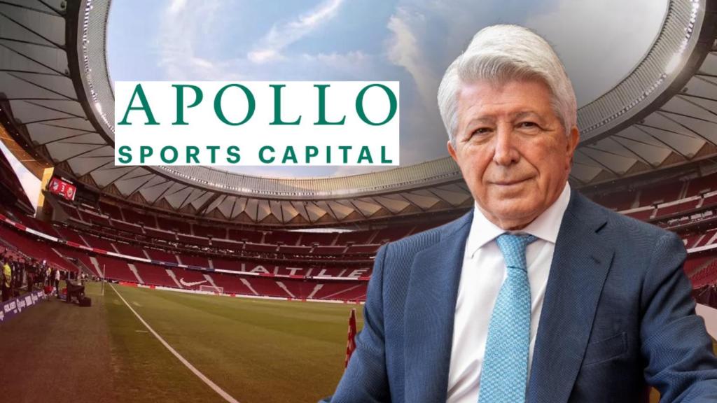 Enrique Cerezo, en un fotomontaje junto al logotipo de Apollo Sports Capital y el Wanda Metropolitano de fondo
