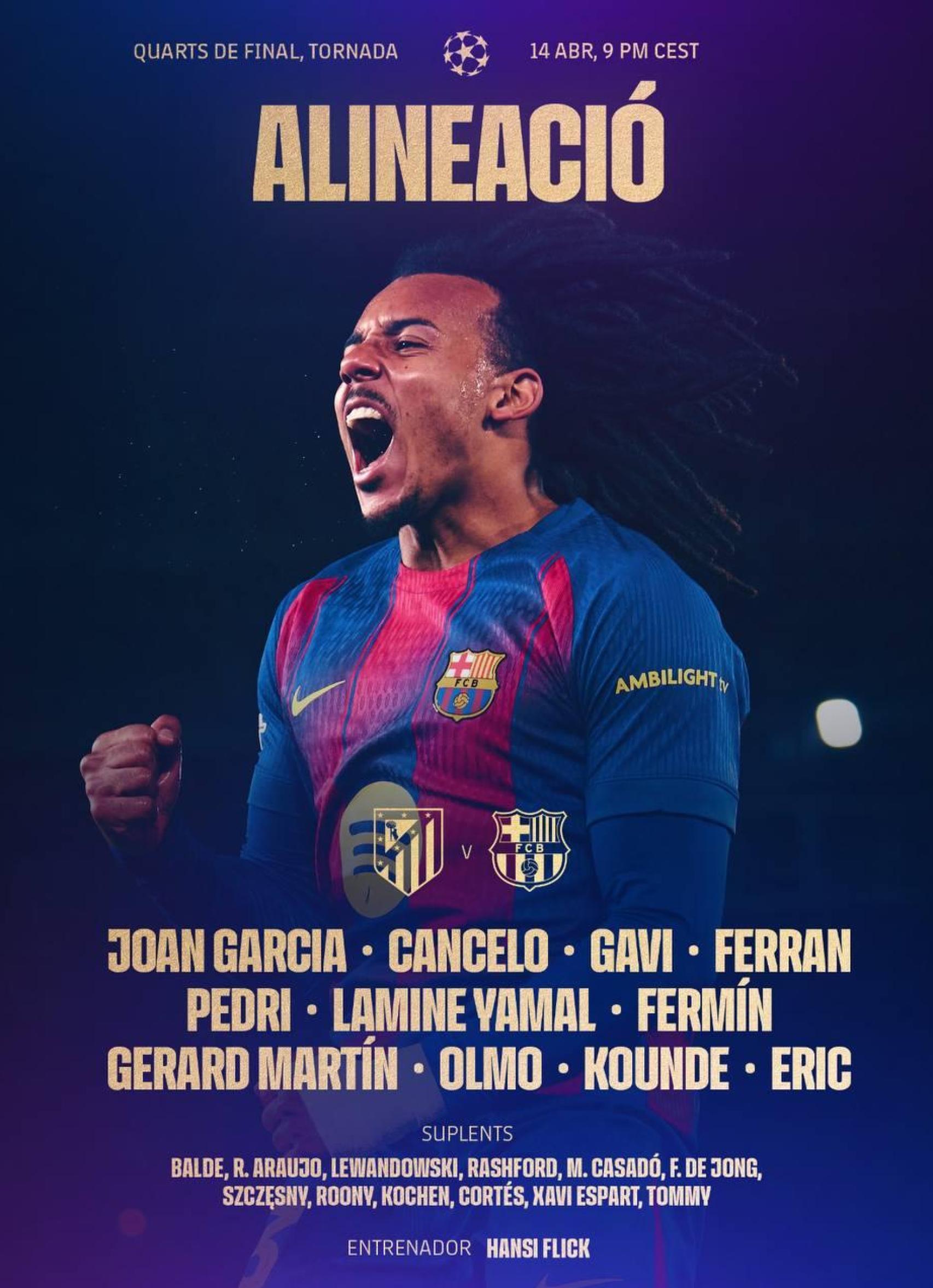 L'alineació del Barça contra l'Atlètic de Madrid a la Champions League