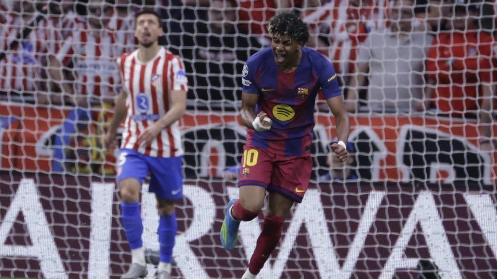 Lamine Yamal celebra el seu gol a l’Atlètic de Madrid-Barça de la Champions League