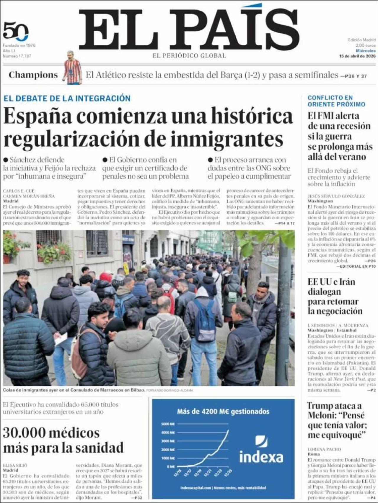 Portada d'El País el 15 d'abril