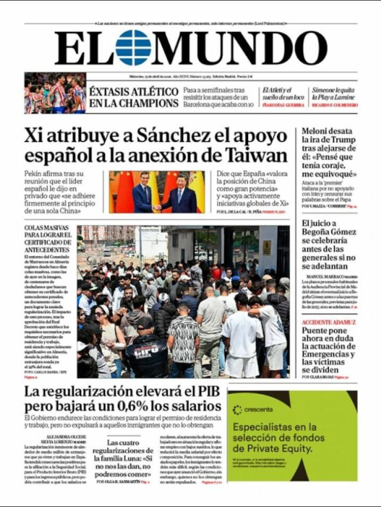 Portada d'El Mundo el 15 d'abril