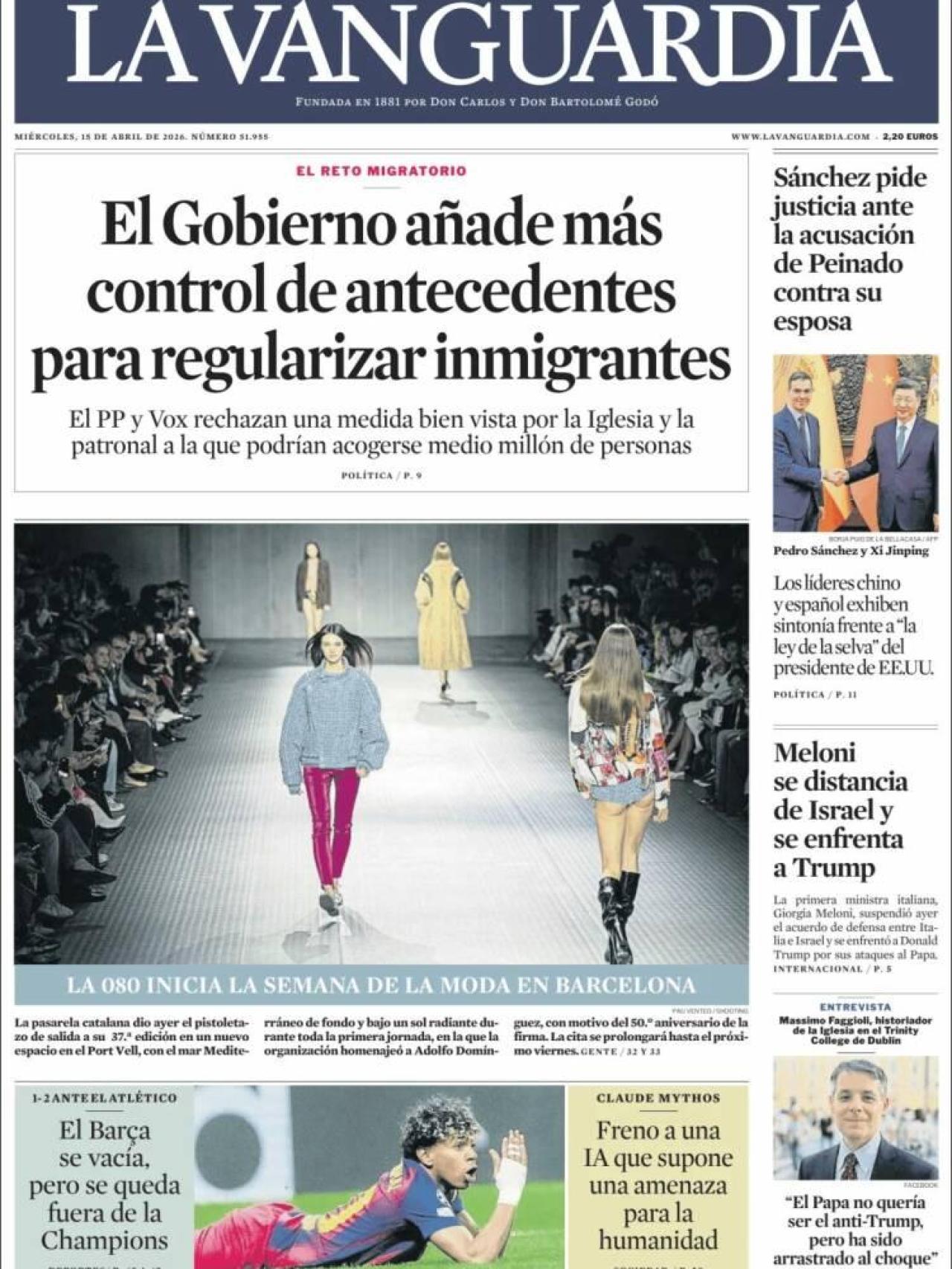 Portada de 'La Vanguardia' el 15 d'abril