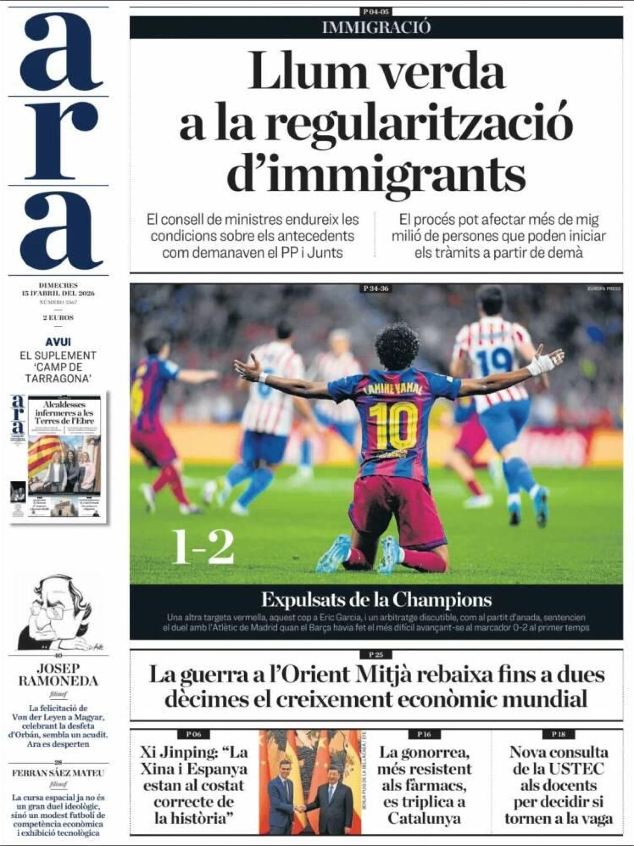 Portada d'Ara el 15 d'abril