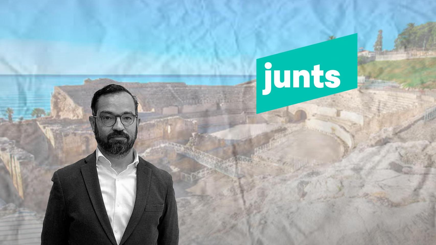 Fotomontaje de Fede Adán junto al logo de Junts y el foro romano de Tarragona de fondo
