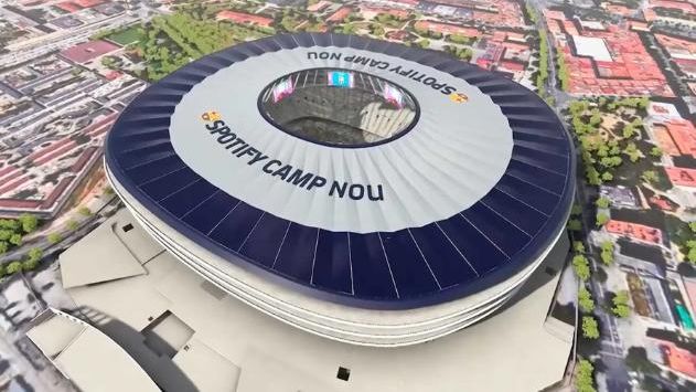 La maqueta del Spotify Camp Nou en octubre de 2023 tenía previsto poner el nombre del estadio en la cubierta