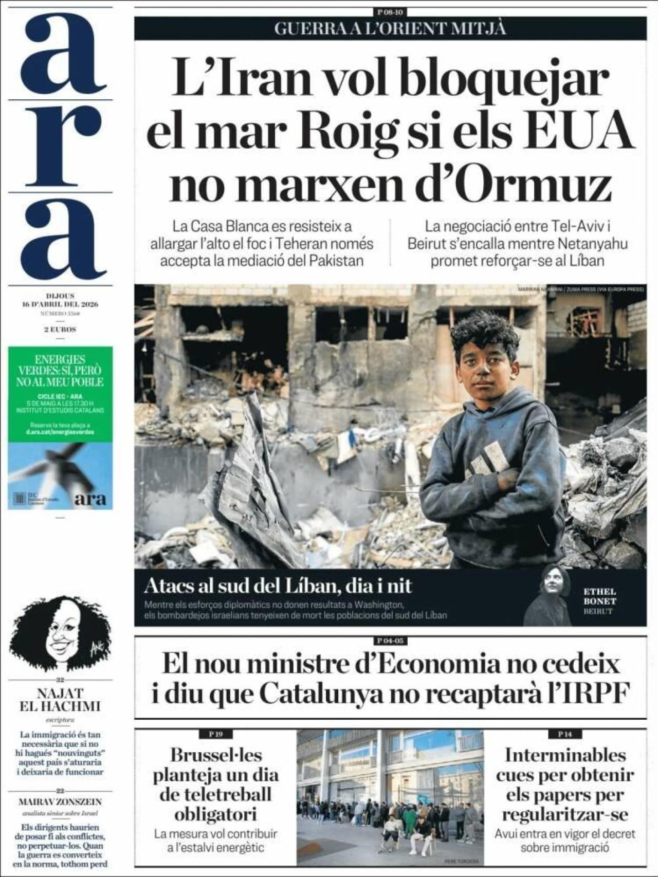 Portada de 'Ara' el 16 d'abril