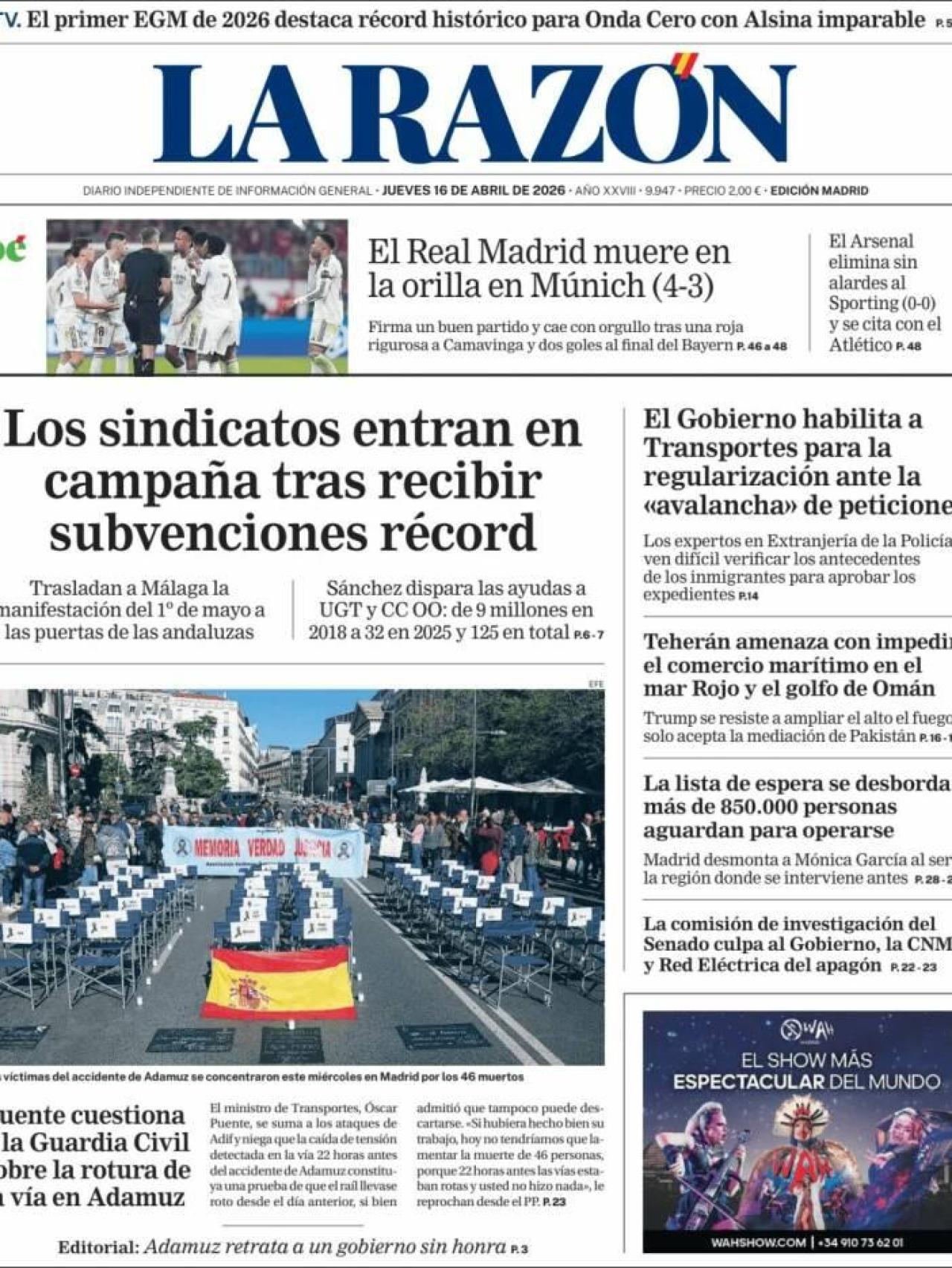 Portada de 'La Razón' el 16 d'abril