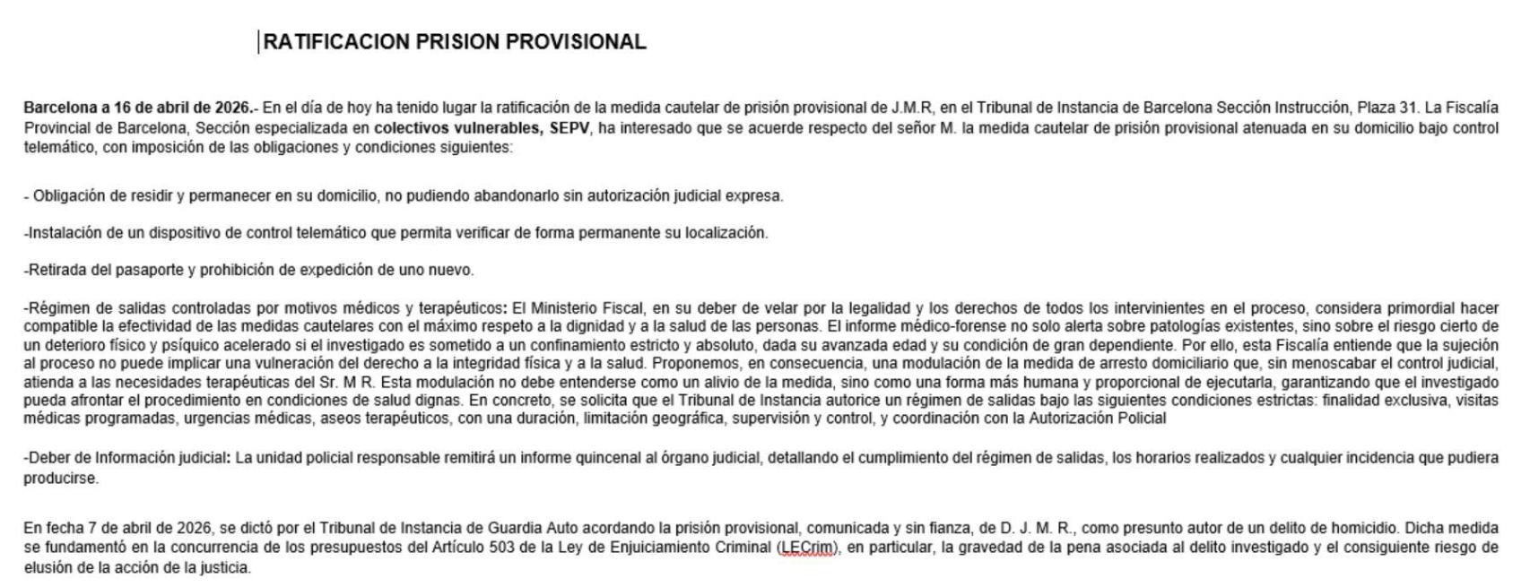 Notificació de la Fiscalia de Barcelona