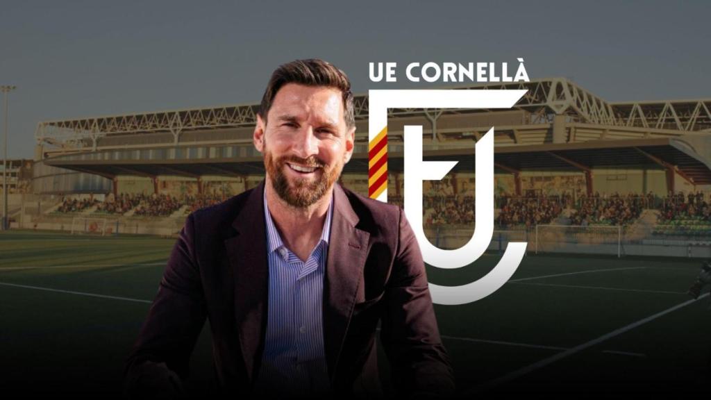 Leo Messi, en un fotomuntatge amb l'escut i l'estadi de la UE Cornellà
