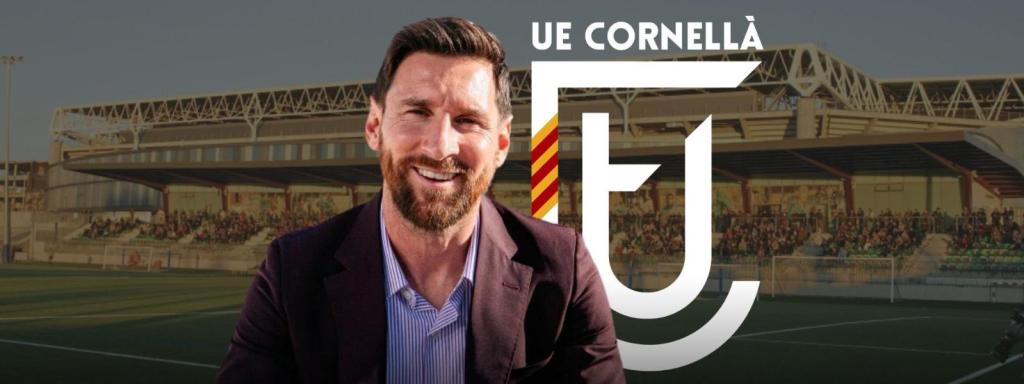 Leo Messi, en un fotomuntatge amb l'escut i l'estadi de la UE Cornellà