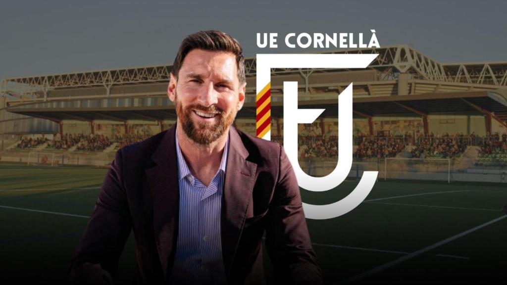 Leo Messi, en un fotomuntatge amb l'escut i l'estadi de la UE Cornellà