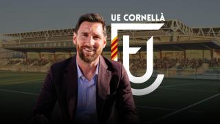 Leo Messi, en un fotomontaje con el escudo y el estadio del UE Cornellà