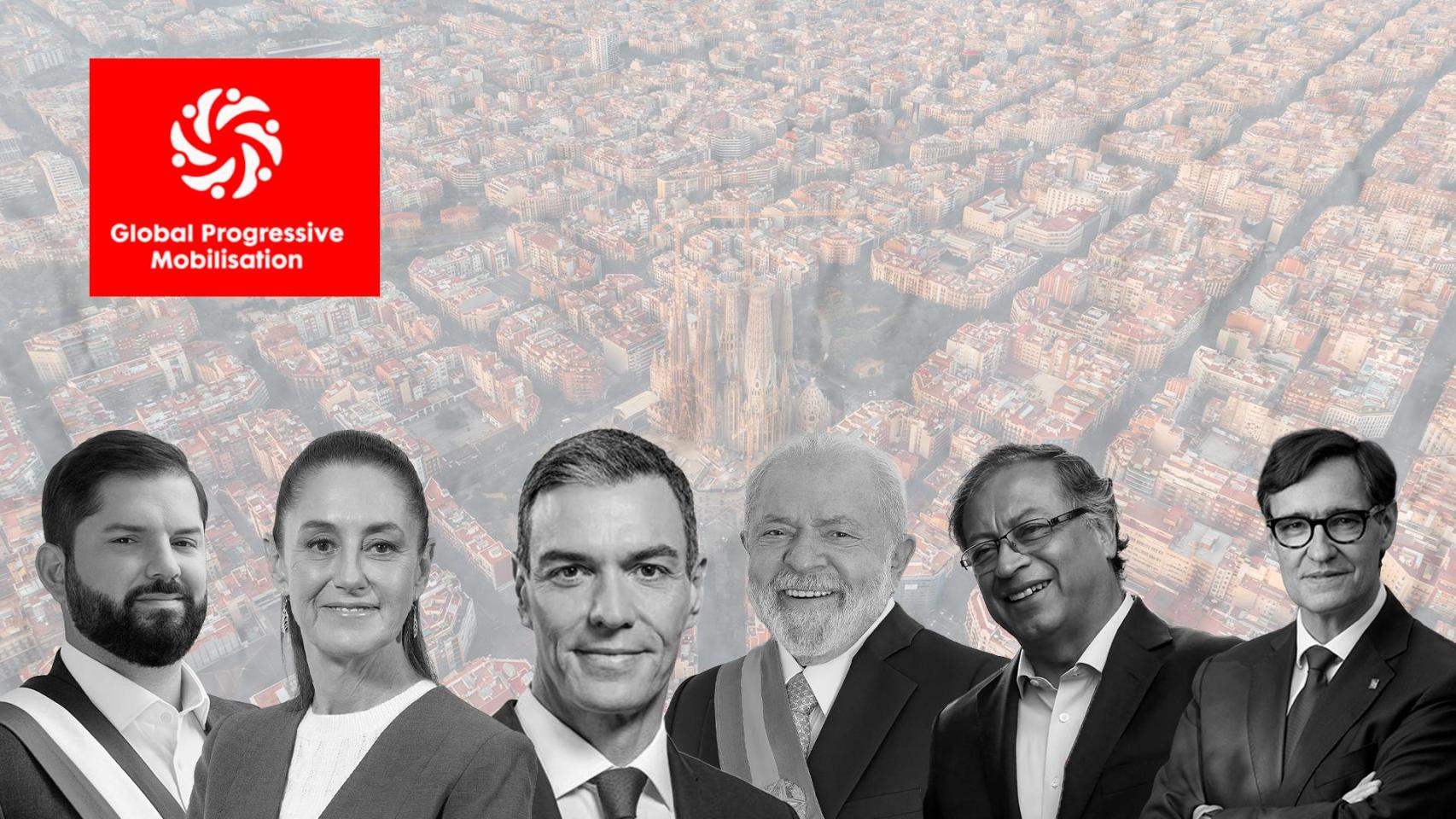 Fotomontaje de Gabriel Boric, Claudia Sheinbaum, Pedro Sánchez, Lula da Silva, Gustavo Petro y Salvador Illa