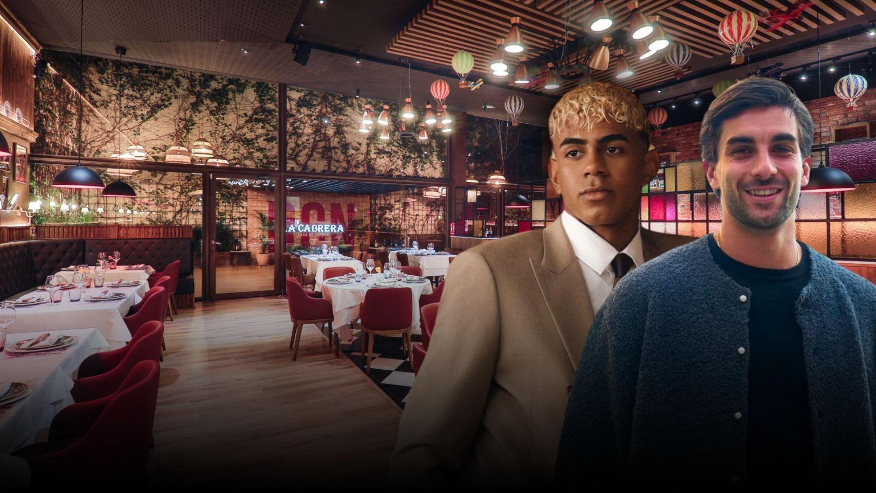 Lamine Yamal y Ferran Torres en un montaje sobre una imagen del interior del restaurante La Cabrera