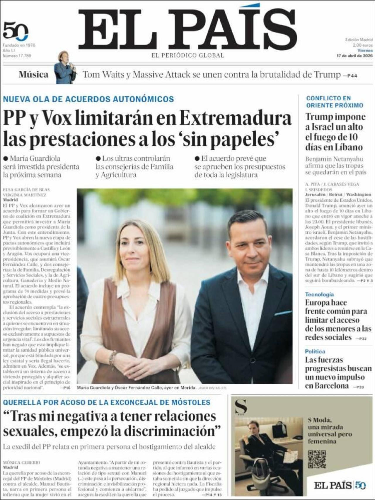 Portada d'El País el 17 d'abril