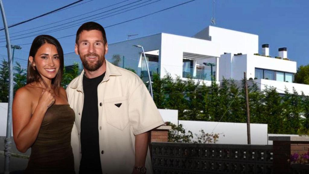 Leo Messi y Antonella Roccuzzo, en un fotomontaje delante de una casa en Castelldefels