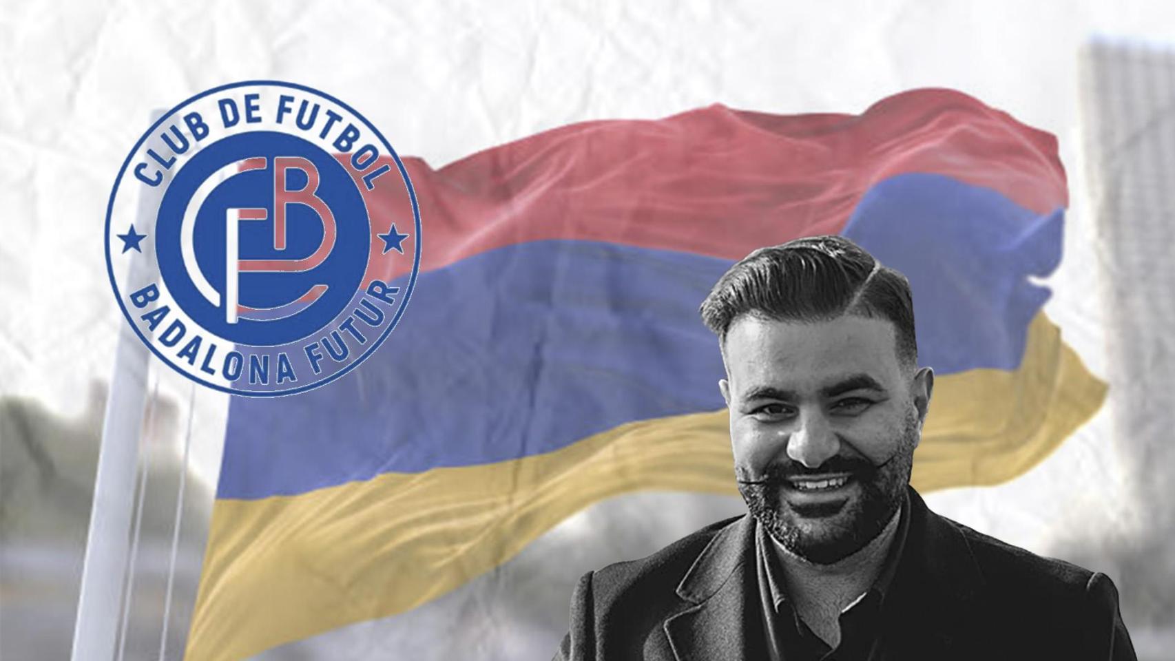 Sedrak Petrosyan con la bandera de Armenia de fondo y un escudo del Badalona Futur