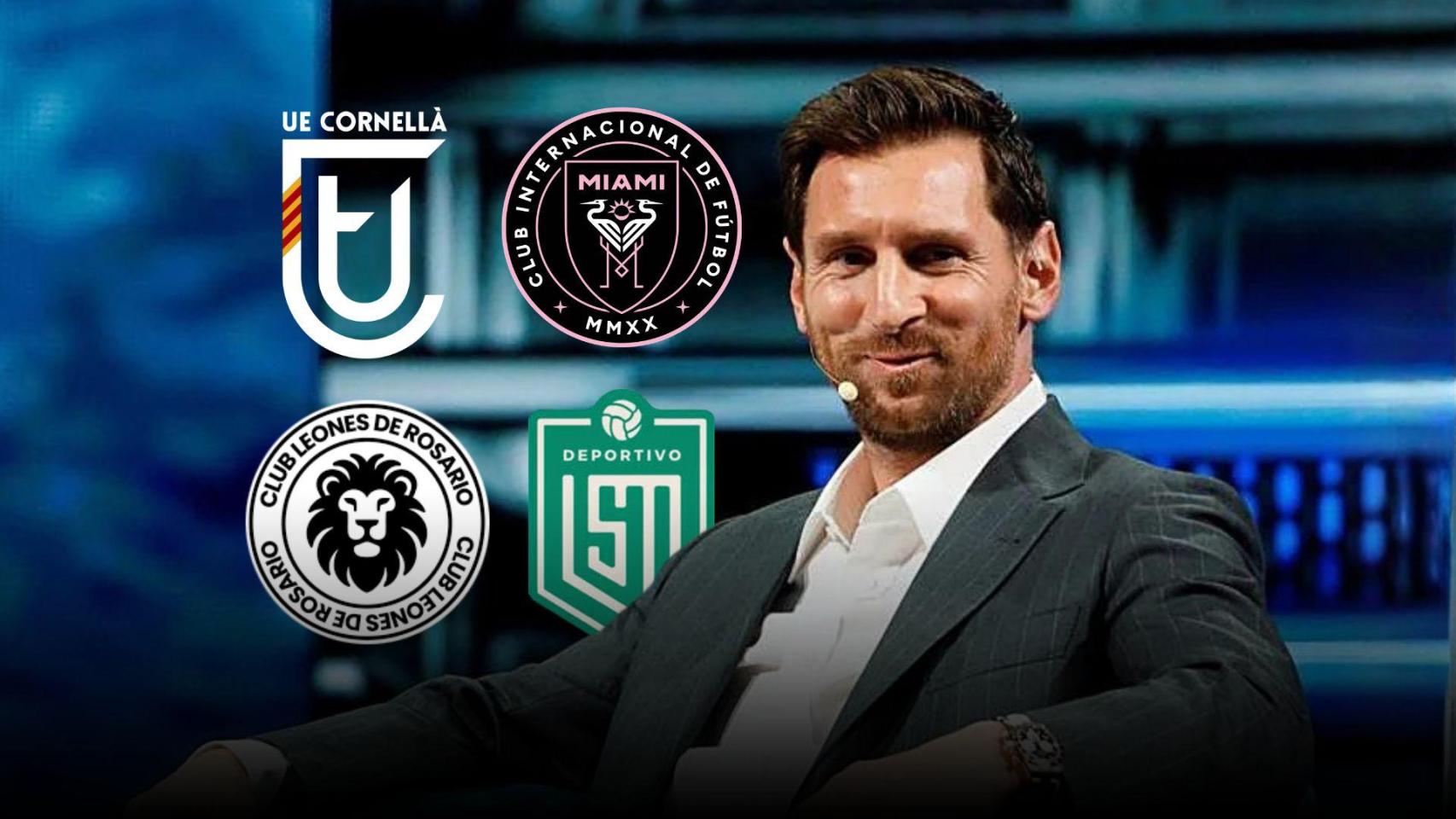 Leo Messi, en un fotomontaje, con los logotipos de los cuatro clubes de los que es accionista