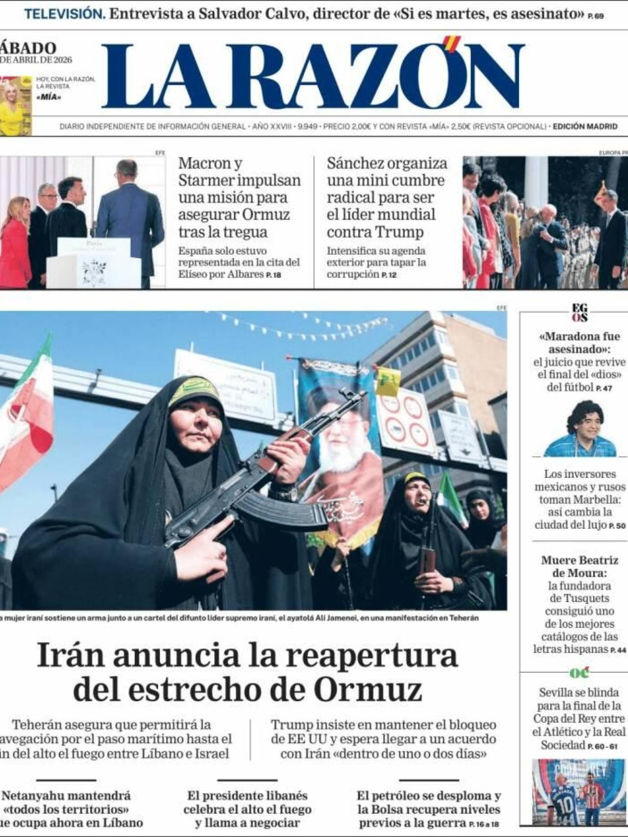 Portada de 'La razón' el 18 de abril