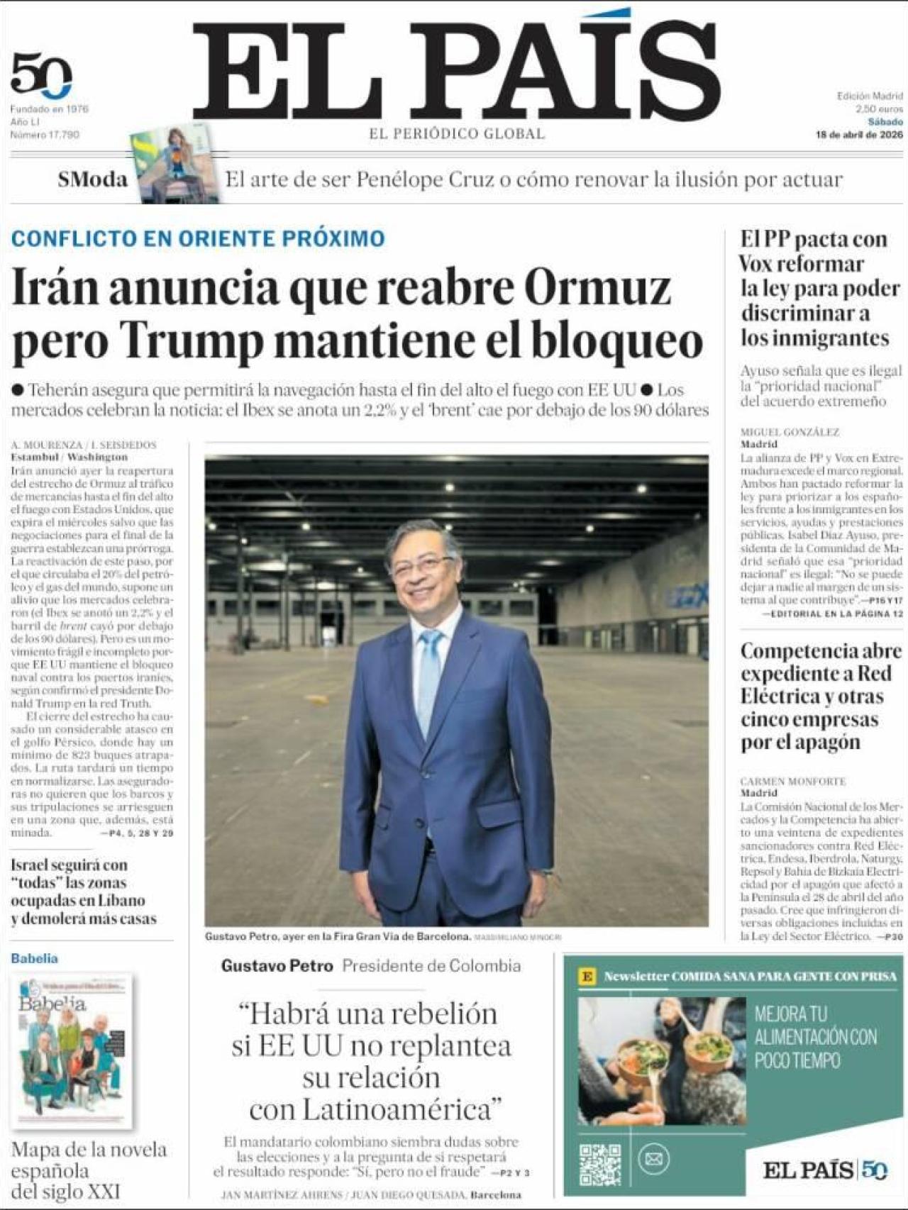 Portada d''El País' el 18 d'abril