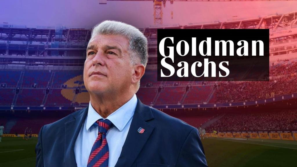 Joan Laporta, en un fotomontaje con el logotipo de Goldman Sachs y el Spotify Camp Nou de fondo