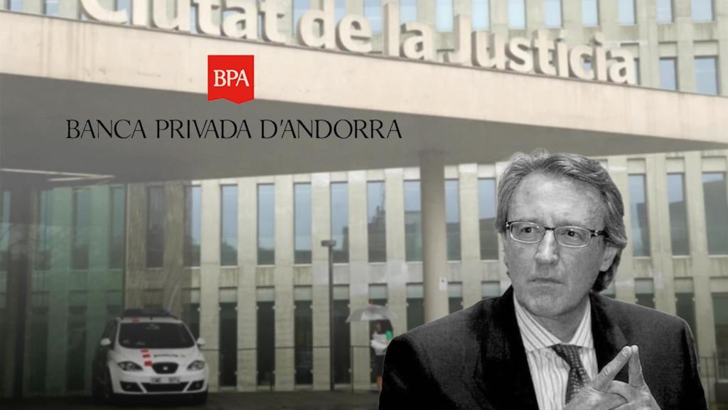 Fotomontaje de Higini Cierco, la Ciutat de la Justicia y el logo de BPA
