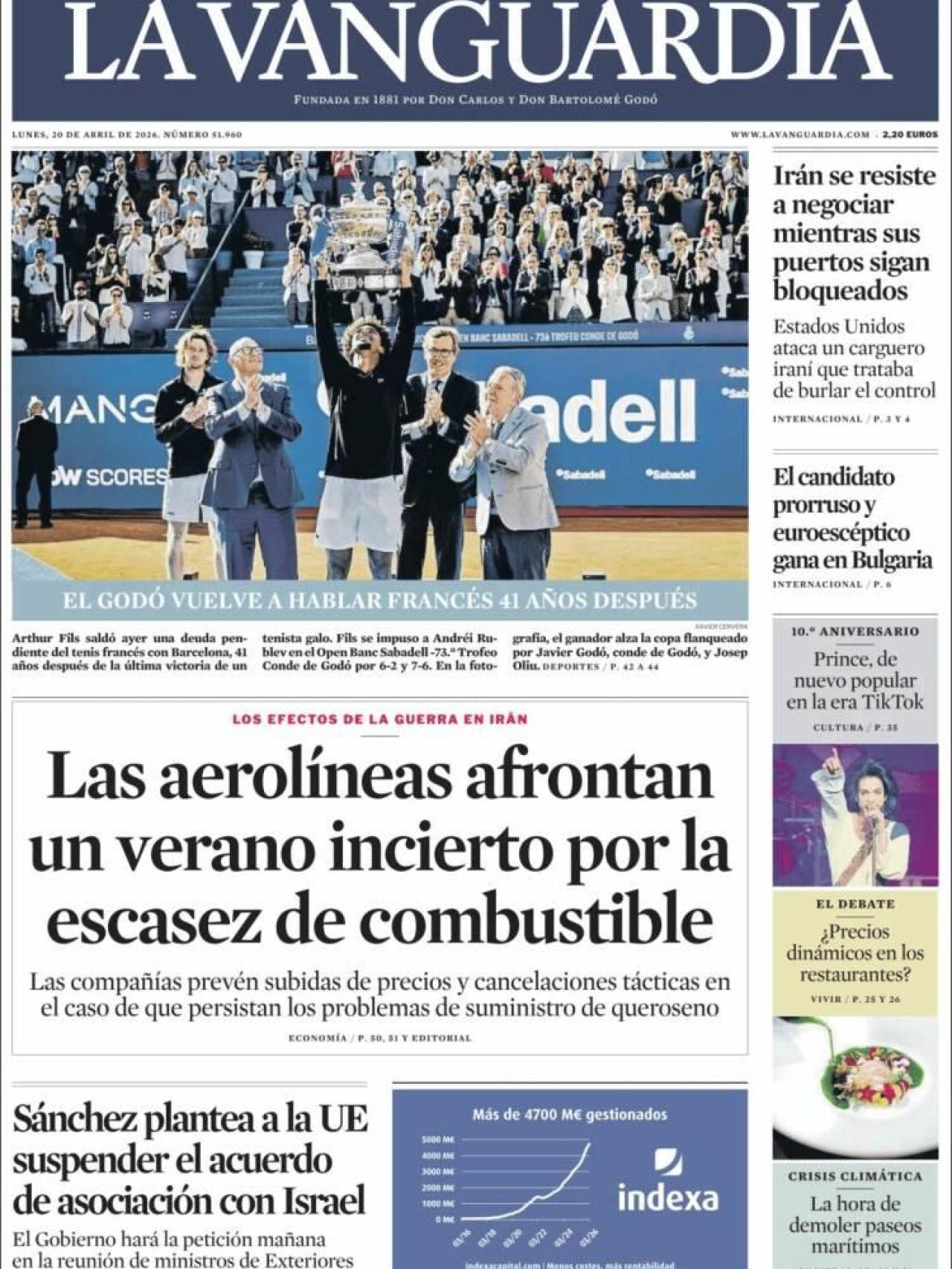 La portada de 'La Vanguardia' el 20 d'abril
