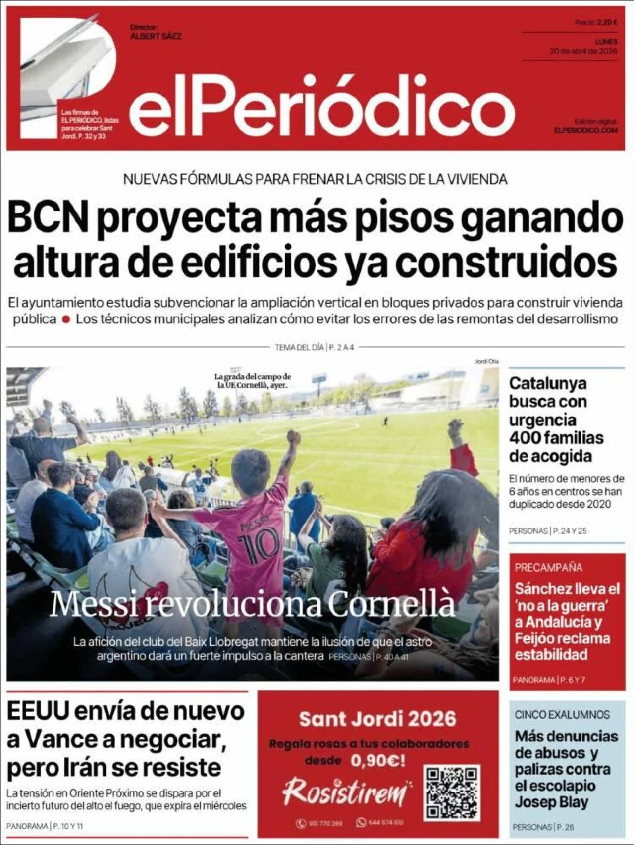 La portada d'El Periódico el 20 d'abril
