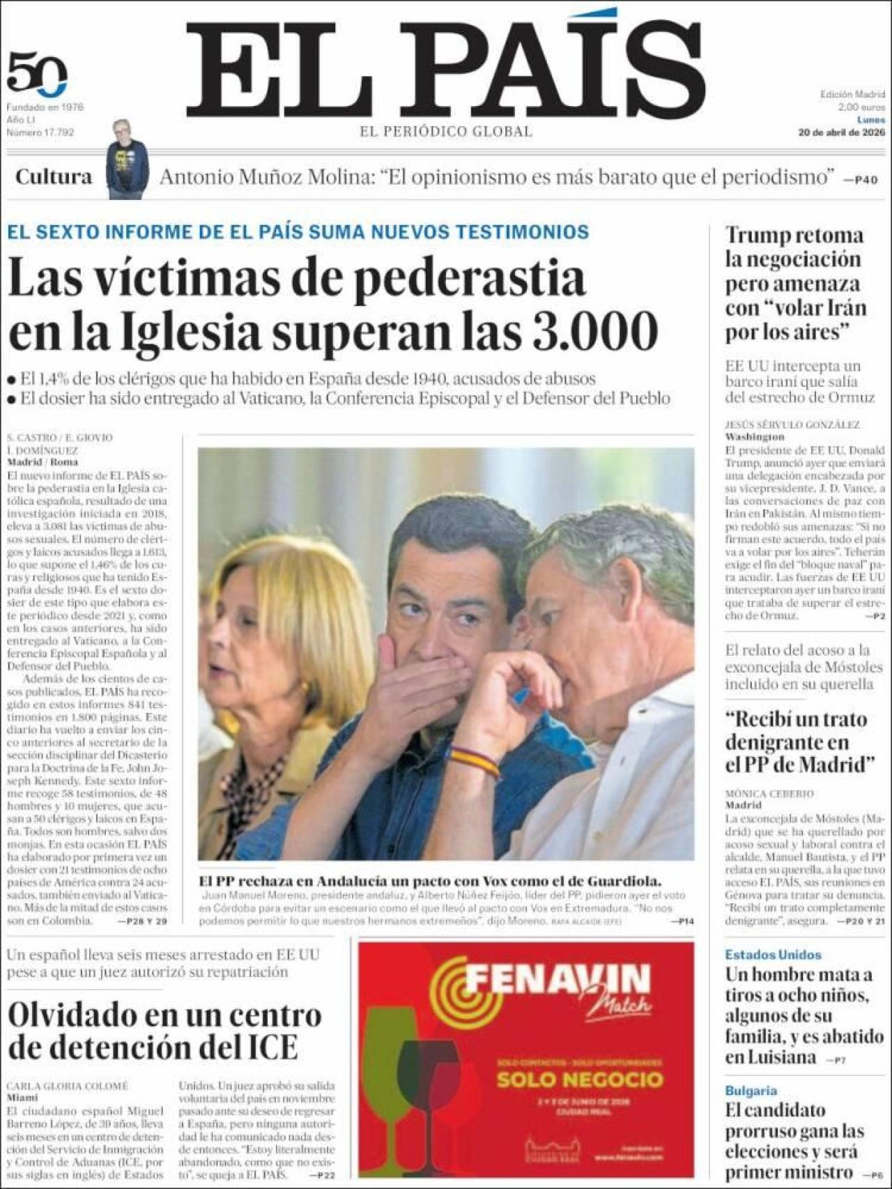 La portada d'El País el 20 d'abril