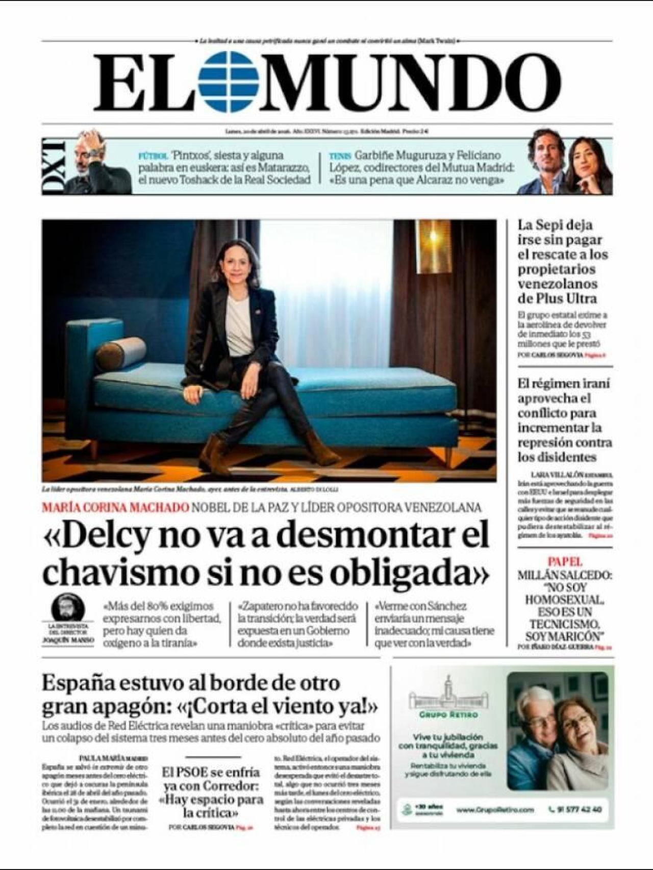 La portada d'El Mundo el 20 d'abril