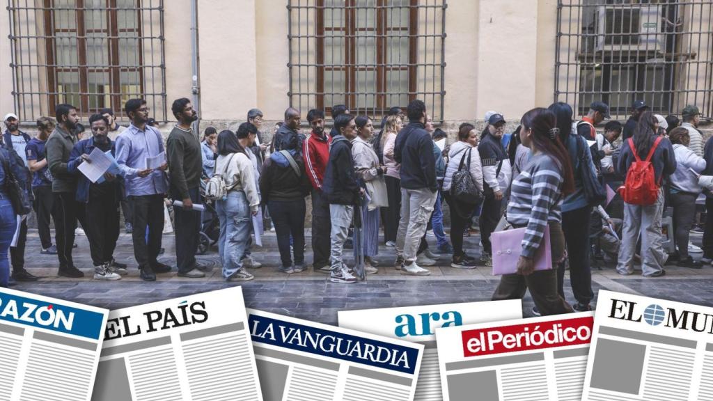 Fotomontaje de una cola de regularización de migrantes en España