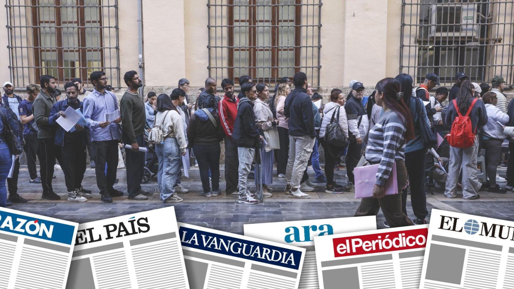 Fotomontaje de una cola de regularización de migrantes en España