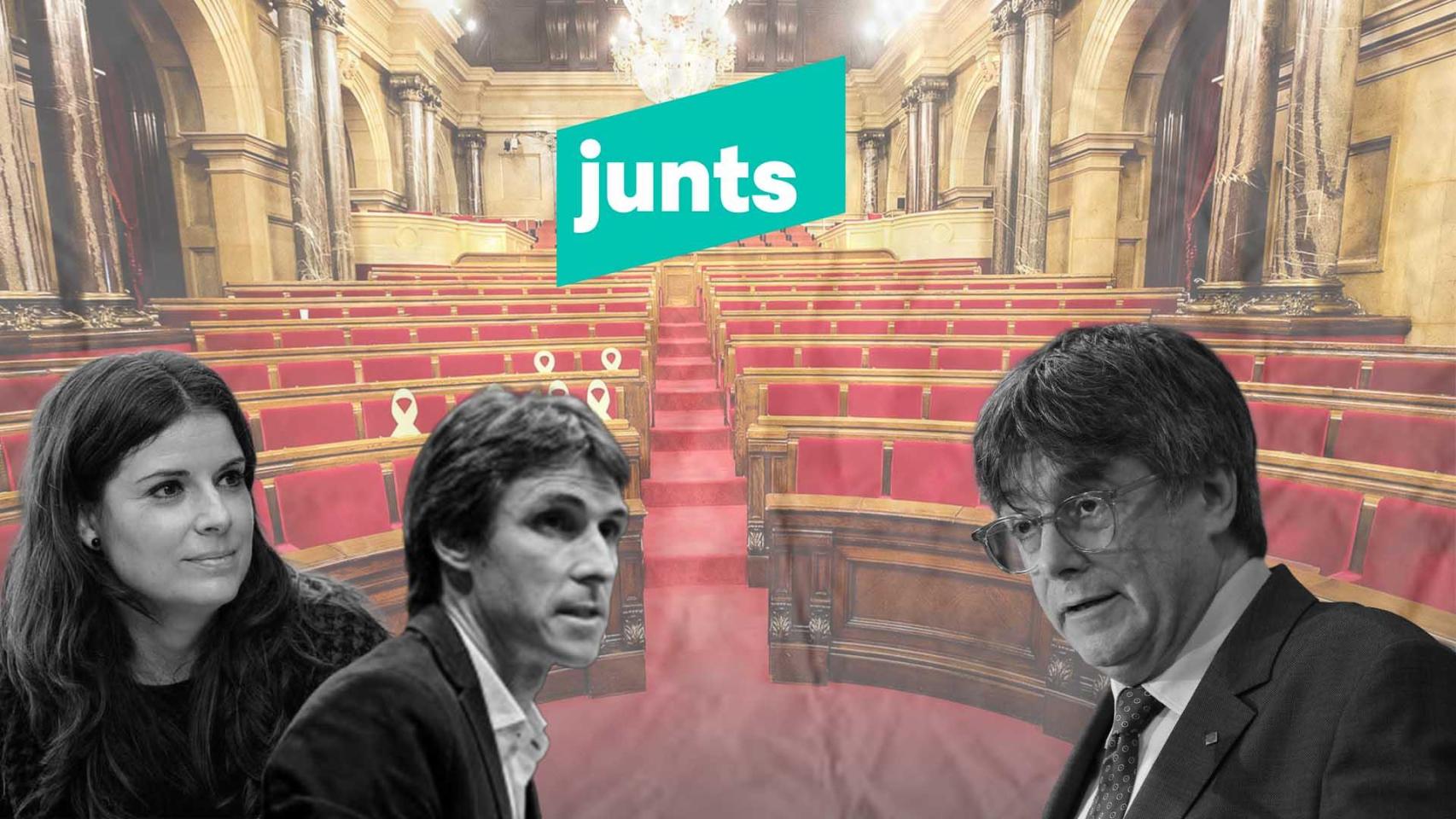 Fotomontaje de Mònica Sales y Salvador Vergés (izquierda) y Carles Puigdemont (derecha), con el hemiciclo del Parlament de Cataluña de fondo