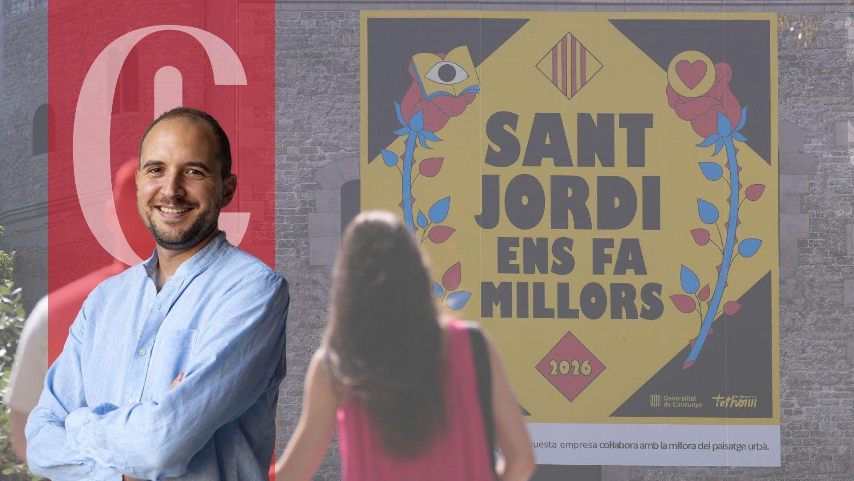 Gerard Mateo y una lona promocional de Sant Jordi 2026 en la plaza de la Catedral