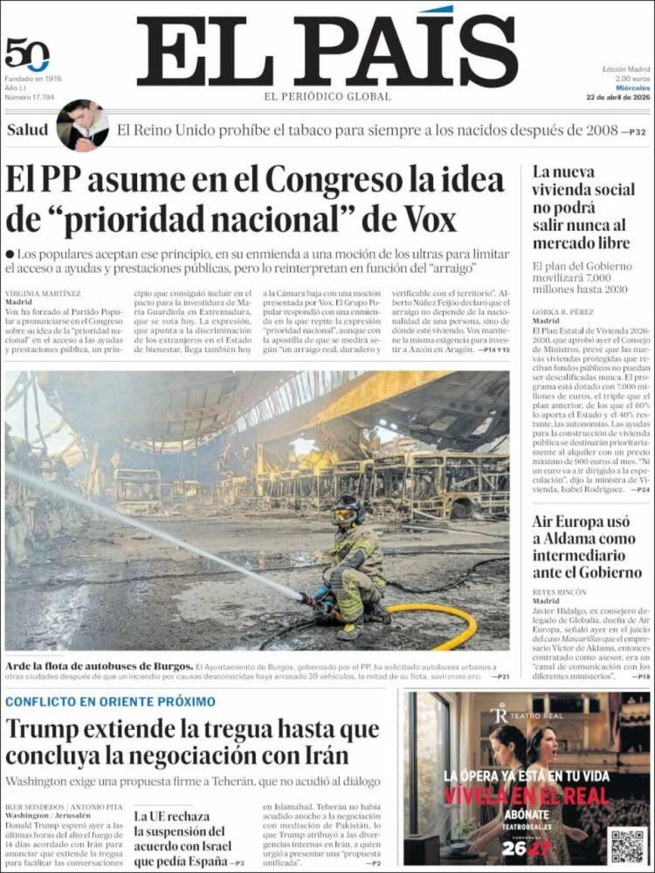 Portada de 'El País' el 22 de abril