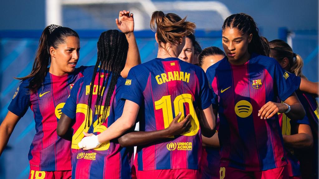 Las jugadoras del Barça Femenino celebran un gol contra el RCD Espanyol