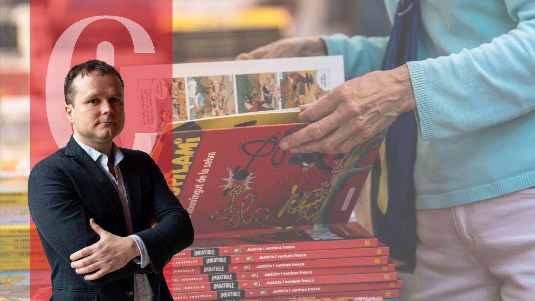 El director de Crónica Global, Ignasi Jorro, y una parada de libros en Sant Jordi